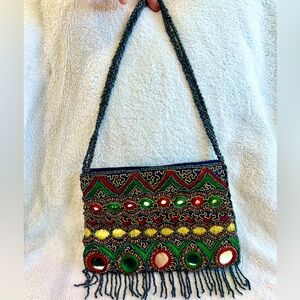Vintage Beaded Mirror Crossbody Bag Boho Festival Fringe Embroidered Purse